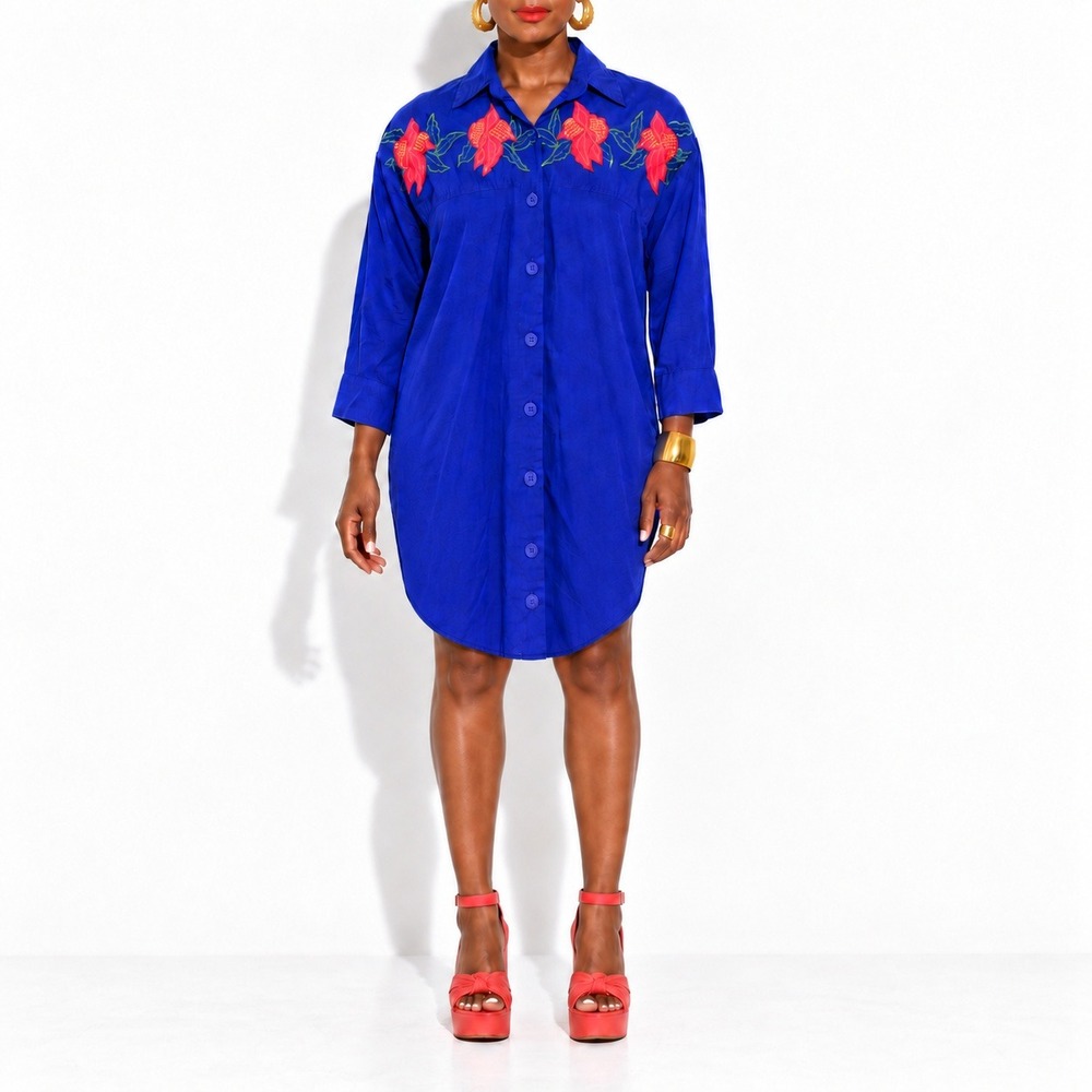 Floral Embroidered Tropical Shirt Dress Womens M Lapis Blue Cotton Midi Relaxed